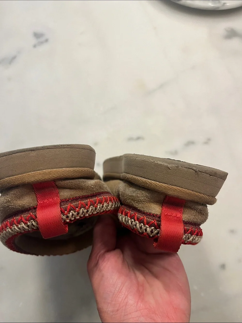 UGG Kids Tan Suede Slip-On Slippers with Red Trim